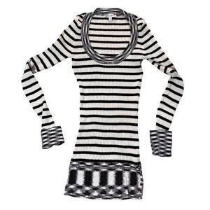Cache Womens Small Black White Striped Ribbed Knit Scoop Neck Long Sleeve Top